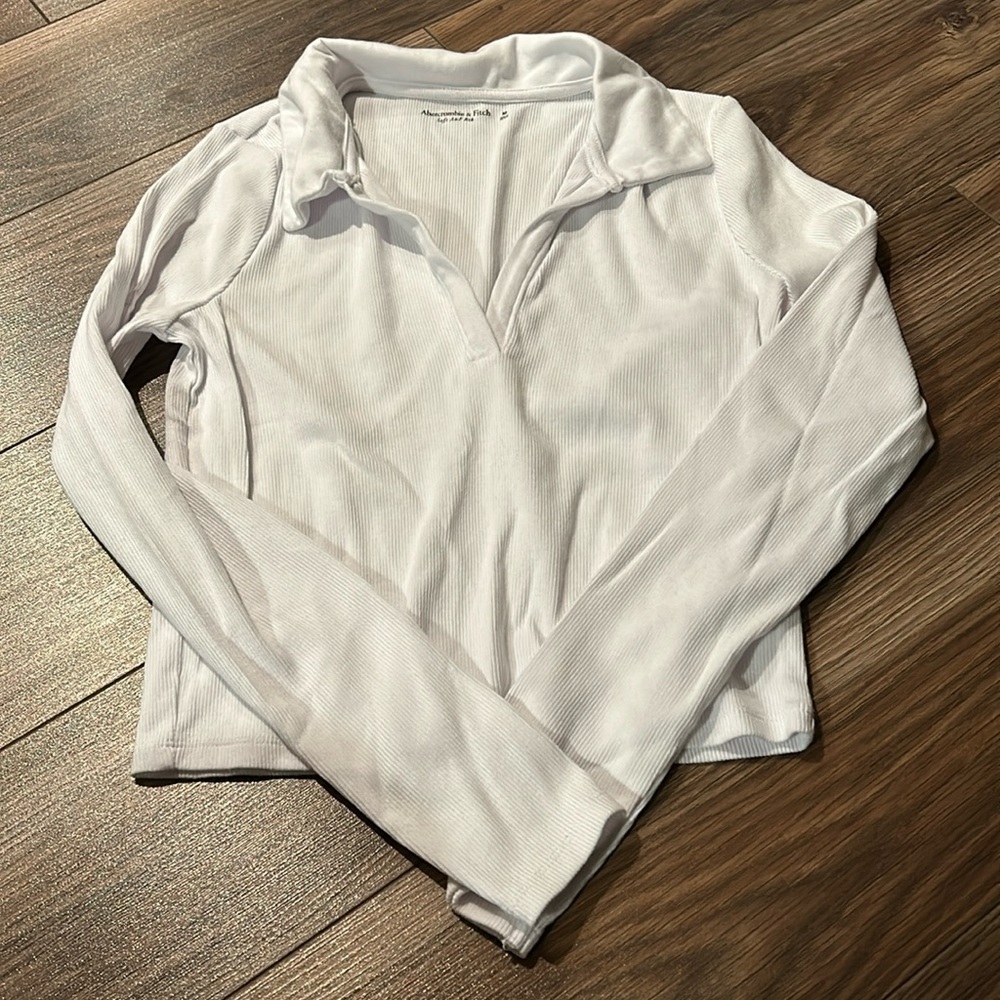 Abercrombie & Fitch White Long Sleeve Ribbed Polo Top